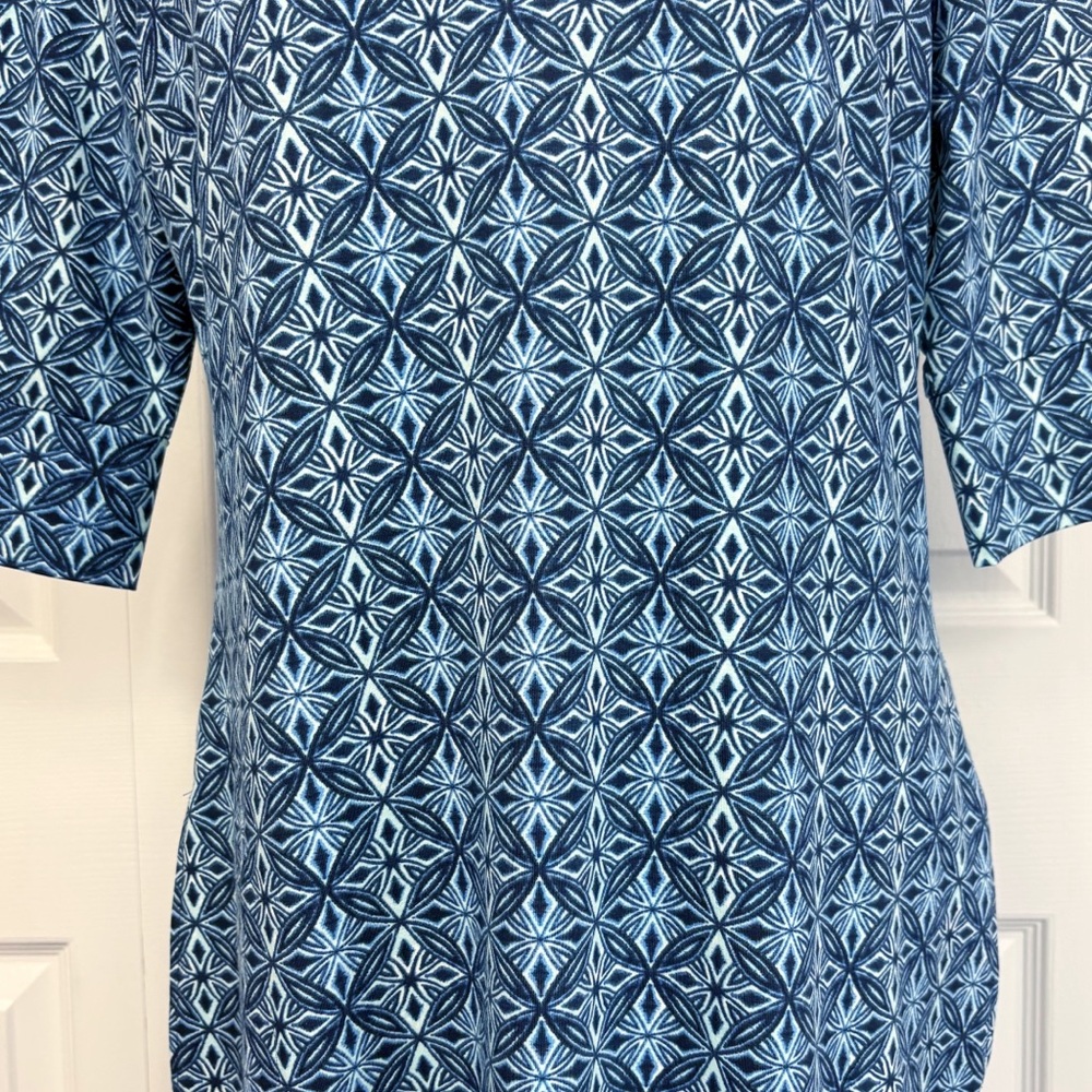 Hang Ten Blue Print Stretch Knit Elbow Sleeve Shift Sun Dress Medium - Picture 8 of 16